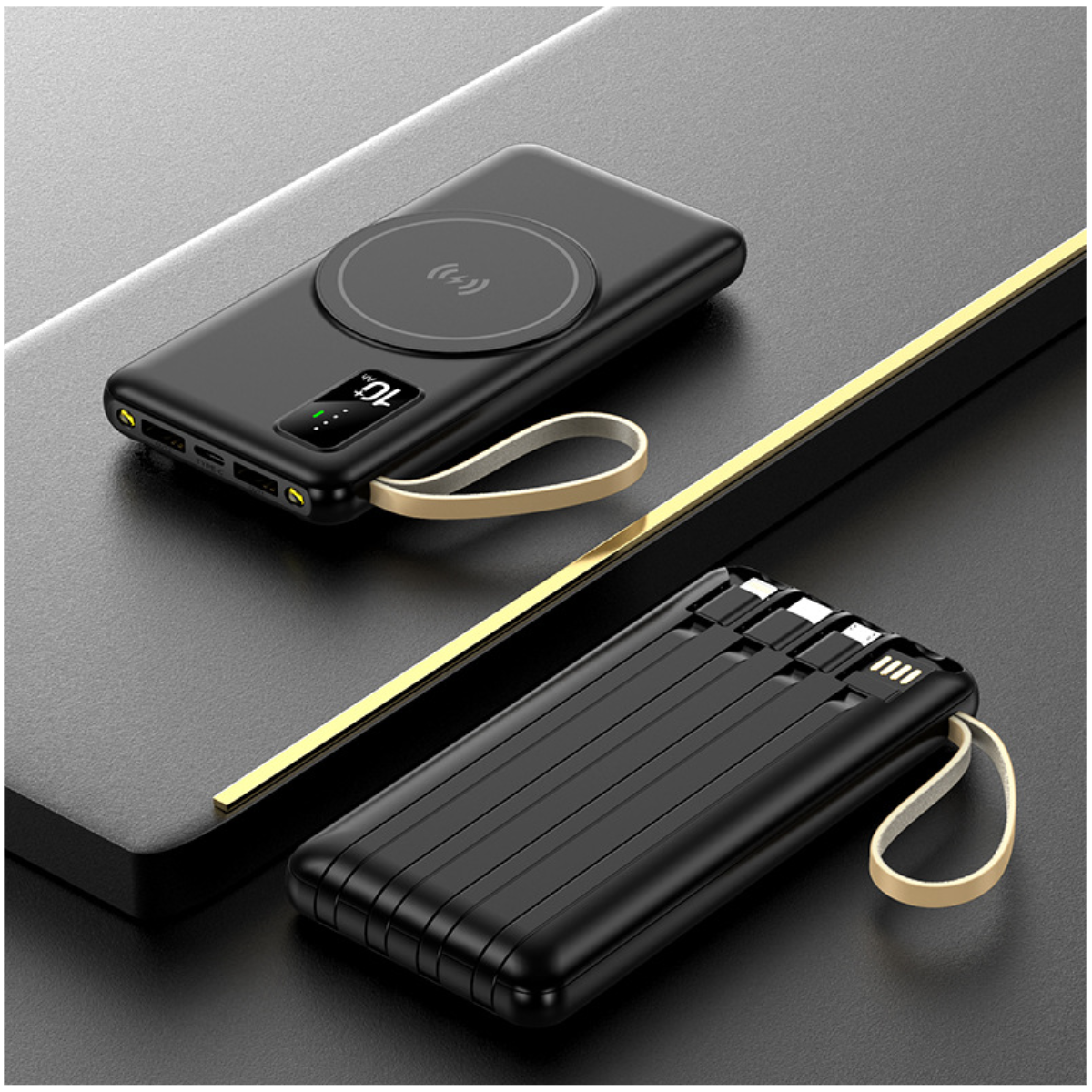 Power Bank Smartek de 10000mAh com 4 cabos de carregamento e carregamento sem fio.
