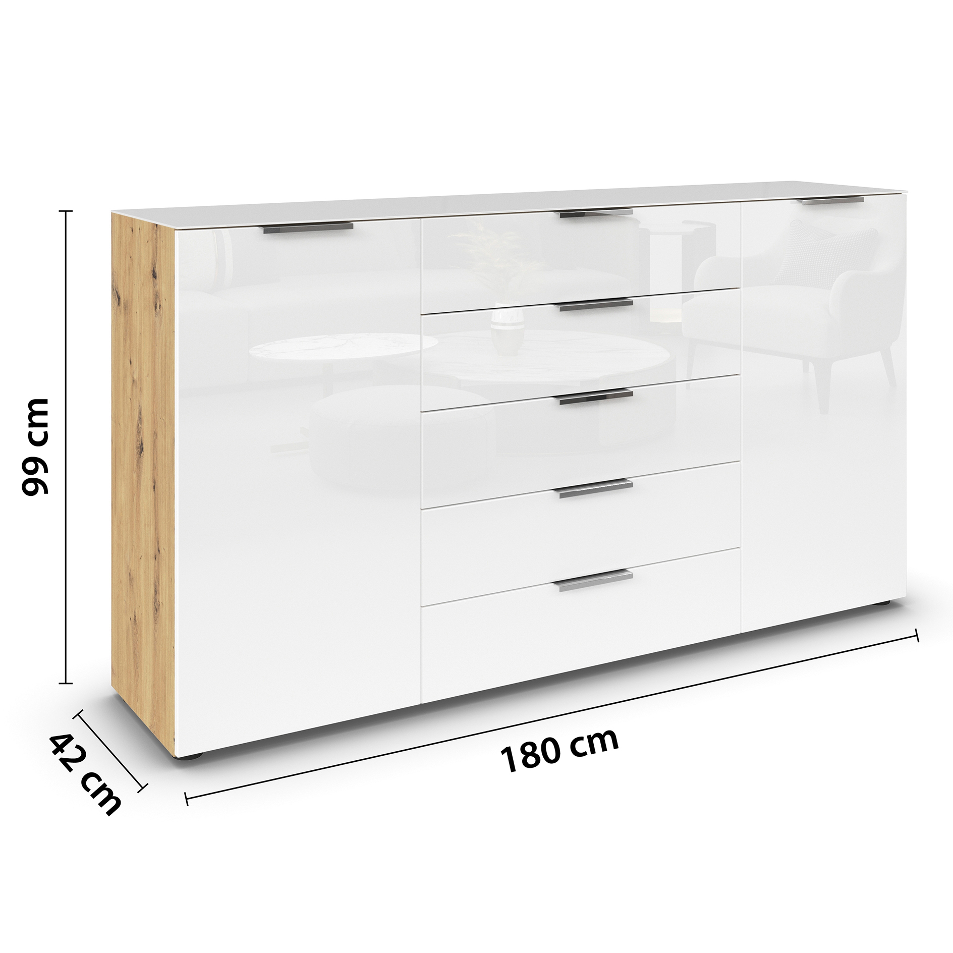 Kommode - Artisan Eiche-Kristallweißglas - Chromgriffe - 180 cm