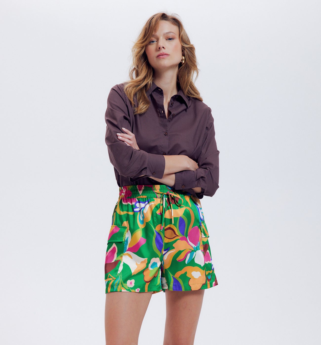 Short cargo en satin imprimé - Imprimé vert