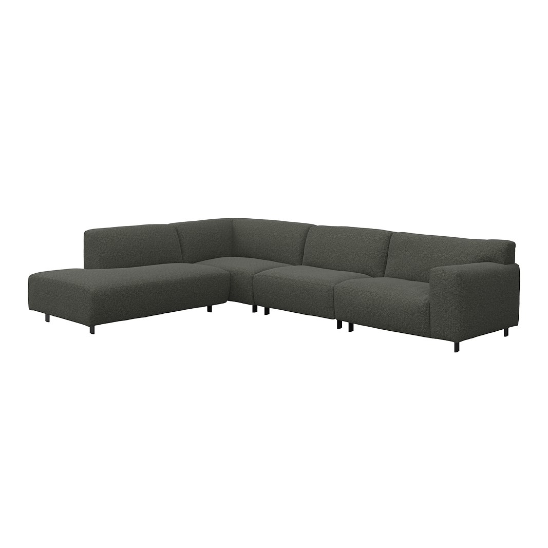 Vesta hjørnesofa 3-seter med åpen ende venstre, Big hjørnemodul, Tekstil Cortina Grey, standardsøm, sort metallben 10 cm, Comfort CM