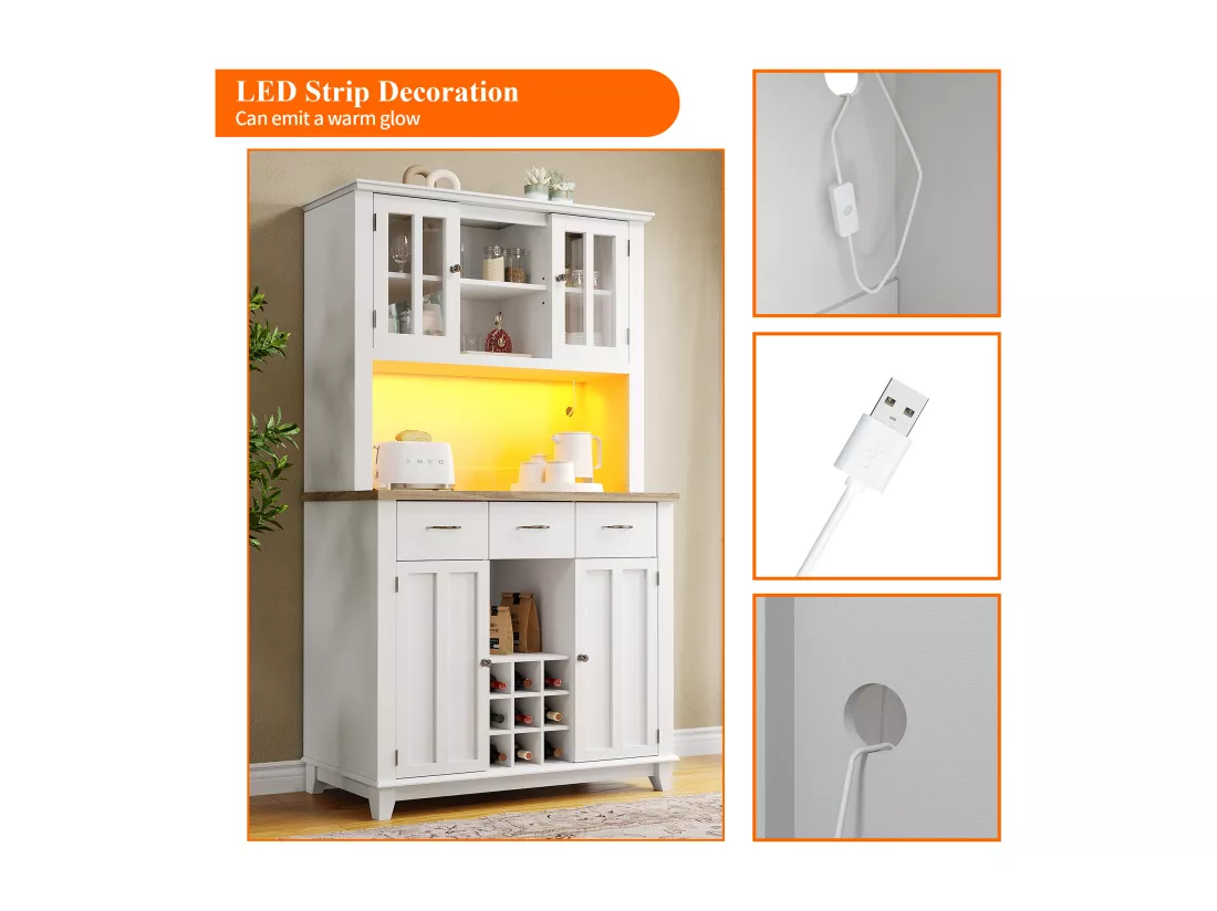 Vitrine、Buffet de cuisine avec LED - H 180cm - grand espace de rangement - Blanc
