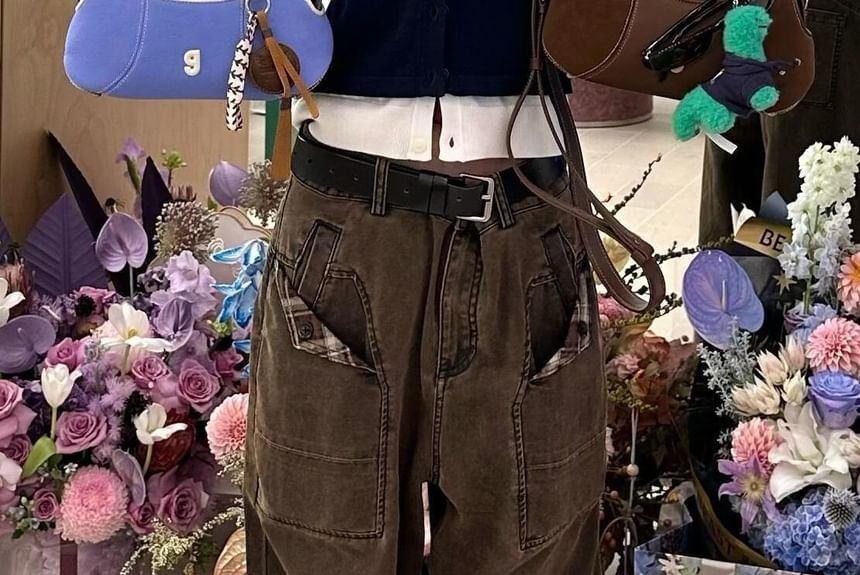Jerolenea - Geruite cargojeans met lage taille en wijde pijpen