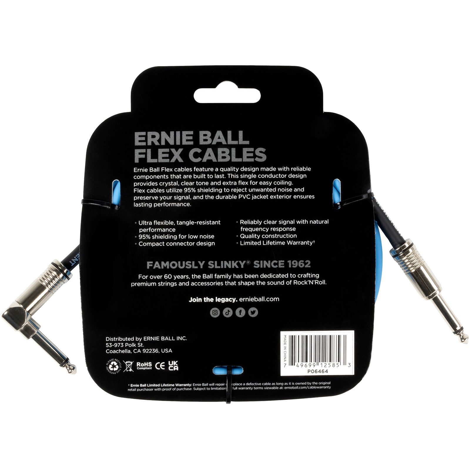 Ernie Ball 6464 Flex 3 meter instrumentkabel blauw haaks - recht