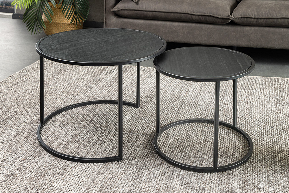 Rundes 2er Set Couchtische MOUNTAIN SOUL 60cm schwarz Naturstein Design Metall