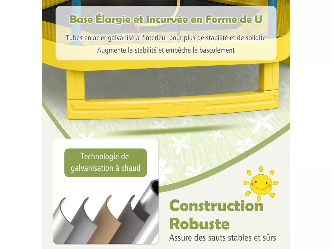 Trampoline Extérieur Ø 223cm Enfants avec Filet de Sécurité, 36 Ressorts Protégés Structure Acier Galvanisé Tapis de Saut PP Jaune
