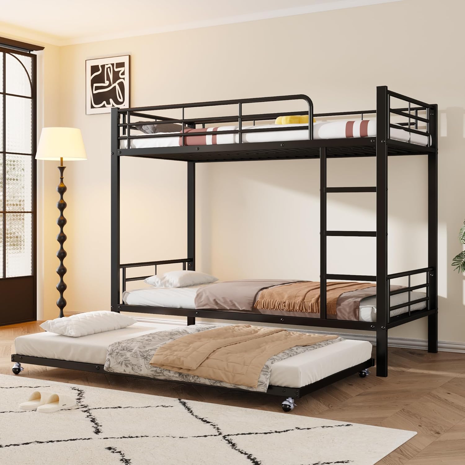 Metallbett Hochebett für 3 Kinder 90x200cm & 90x190cm, dreier Etagenbett mit Ausziehbett, Rausfallschutz Kinderbett mit Leiter, Eisenbett, Weiß, Schwarz