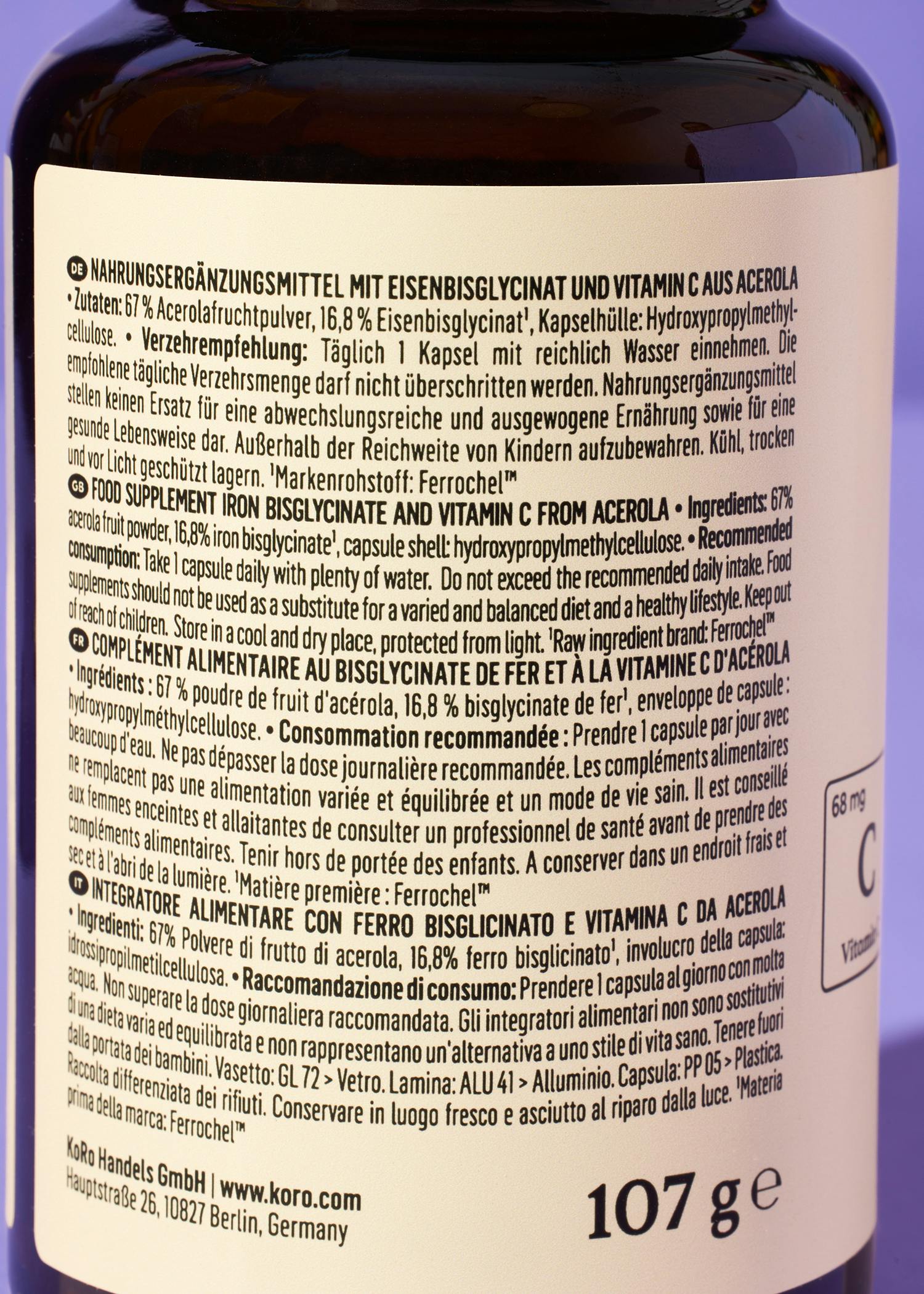 Eisenbisglycinat   Vitamin C aus Acerola Kapseln 180 Stück