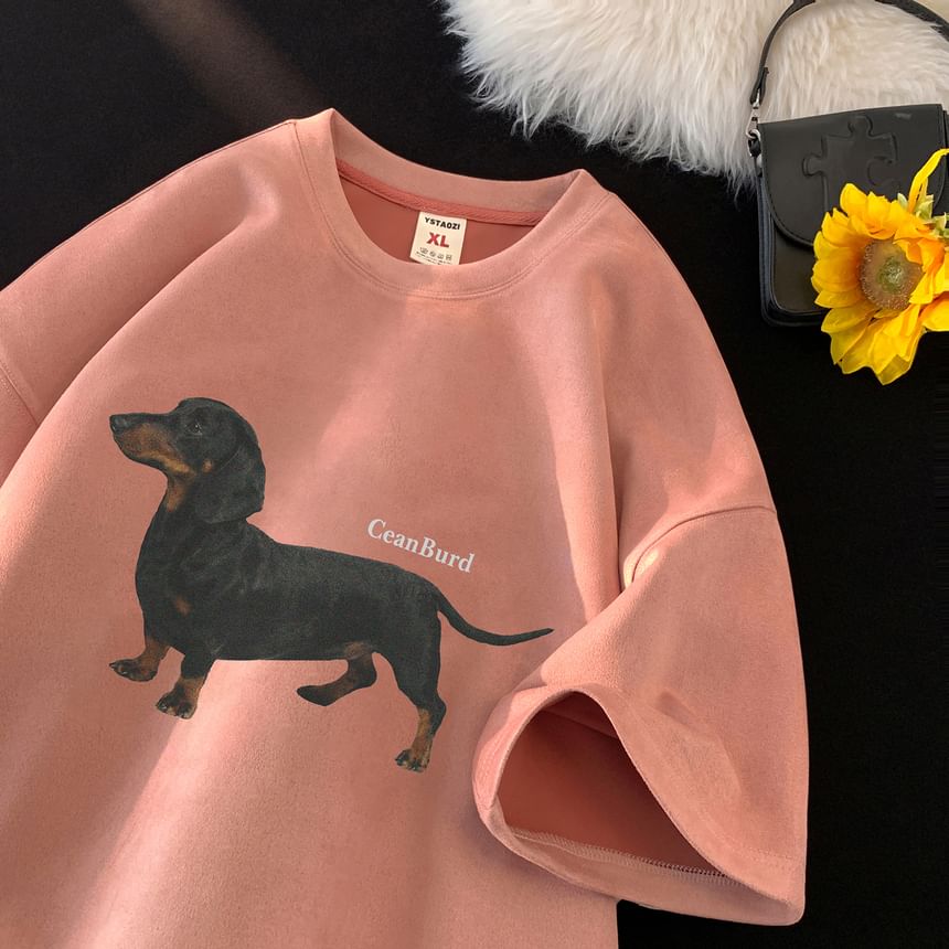 Breeson - T-shirt met ronde hals en hondenprint, met elleboogmouwen