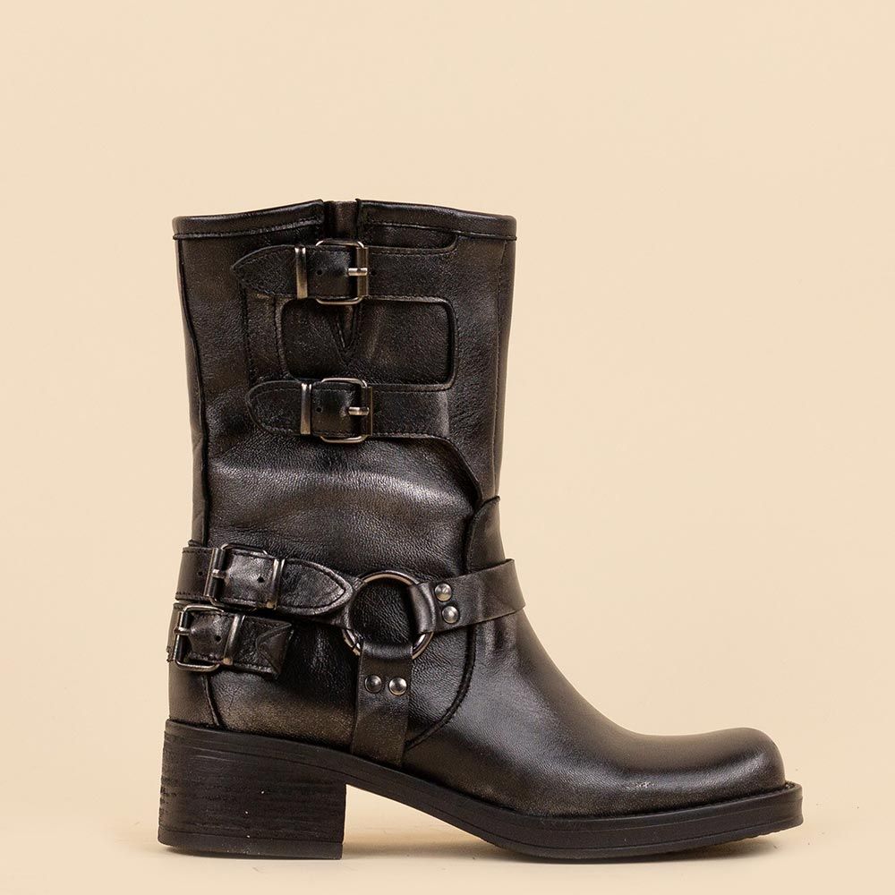 Halfhoge boots Aversa zwart metallic met siergesp