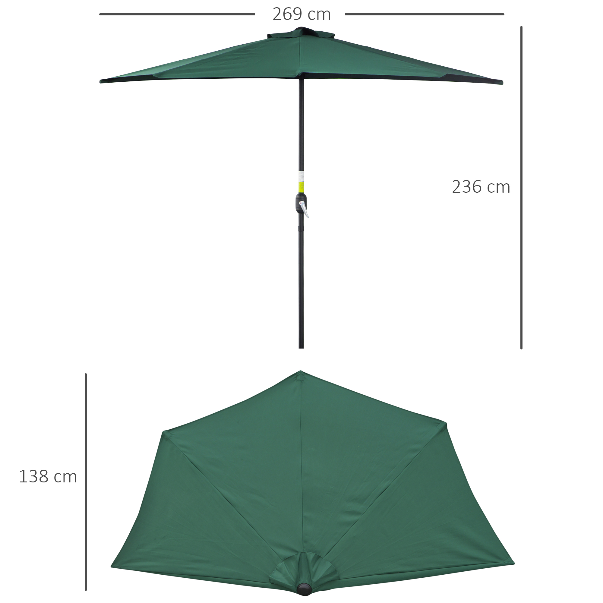 Guarda-sol de jardim Outsunny 269x138x236 cm com manivela e formato semicircular para terraço, pátio e piscina ao ar livre, na cor verde.