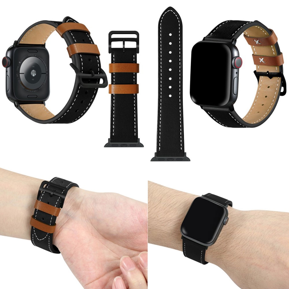 Apple Watch (49/46/45/44 mm) Echtleder Ersatz Armband mit Dornschliesse (Gelenkumfang 180-225 mm) - Schwarz