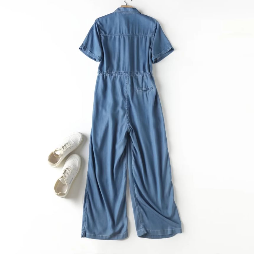 Aigan - Denim jumpsuit met korte mouwen, knoopsluiting en trekkoord