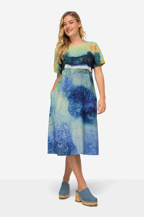 Leinenmix-Kleid, A-Line, Landschafts-Print, Rundhals, Halbarm