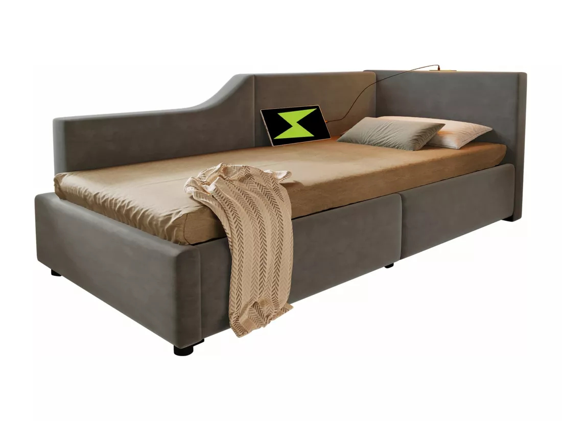 Canapé-lit pour enfants 90x190 cm, avec liseuse et chargeur USB-C, velours, gris