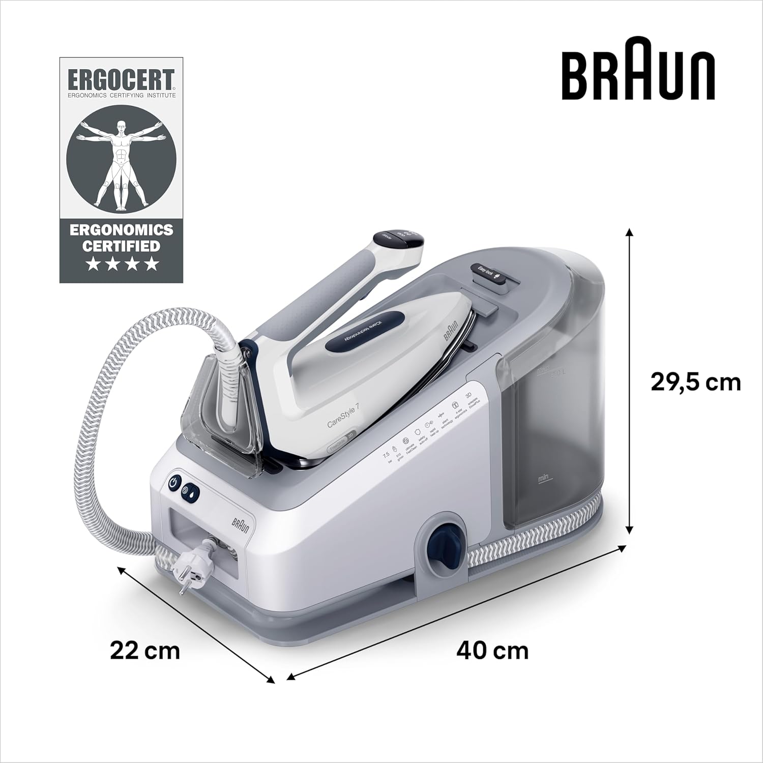 Braun CareStyle 7 IS7262GY, Bügelstation mit professionellem Dampfgenerator, FreeGlide 3D, iMode und iCare, vertikales Bügeln, Ultimate FastClean, herausnehmbarer Behälter 2 l, 2700 W, Violett