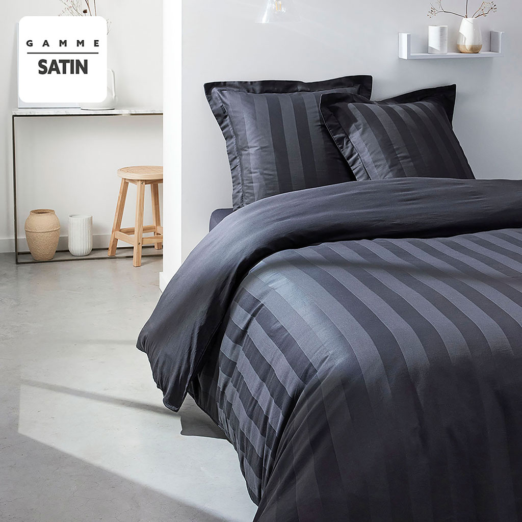 Parure housse de couette unie satin de coton fusain 220x240cm