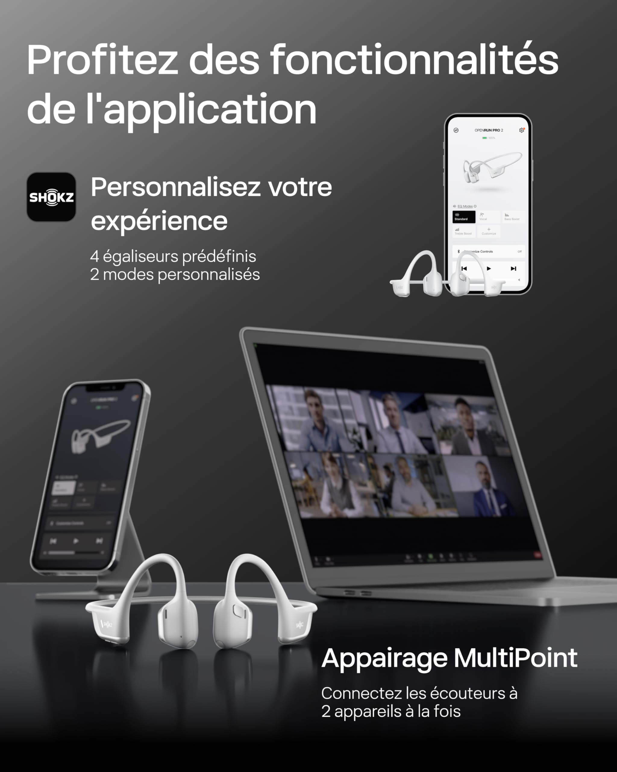 SHOKZ Casque à Conduction Osseuse OpenRun Pro 2, Écouteurs sans Fil Bluetooth 5.3, Microphones Réducteurs de Bruit, Étanchéité IP55, 12h d’Autonomie, Charge Rapide USB-C, Argent