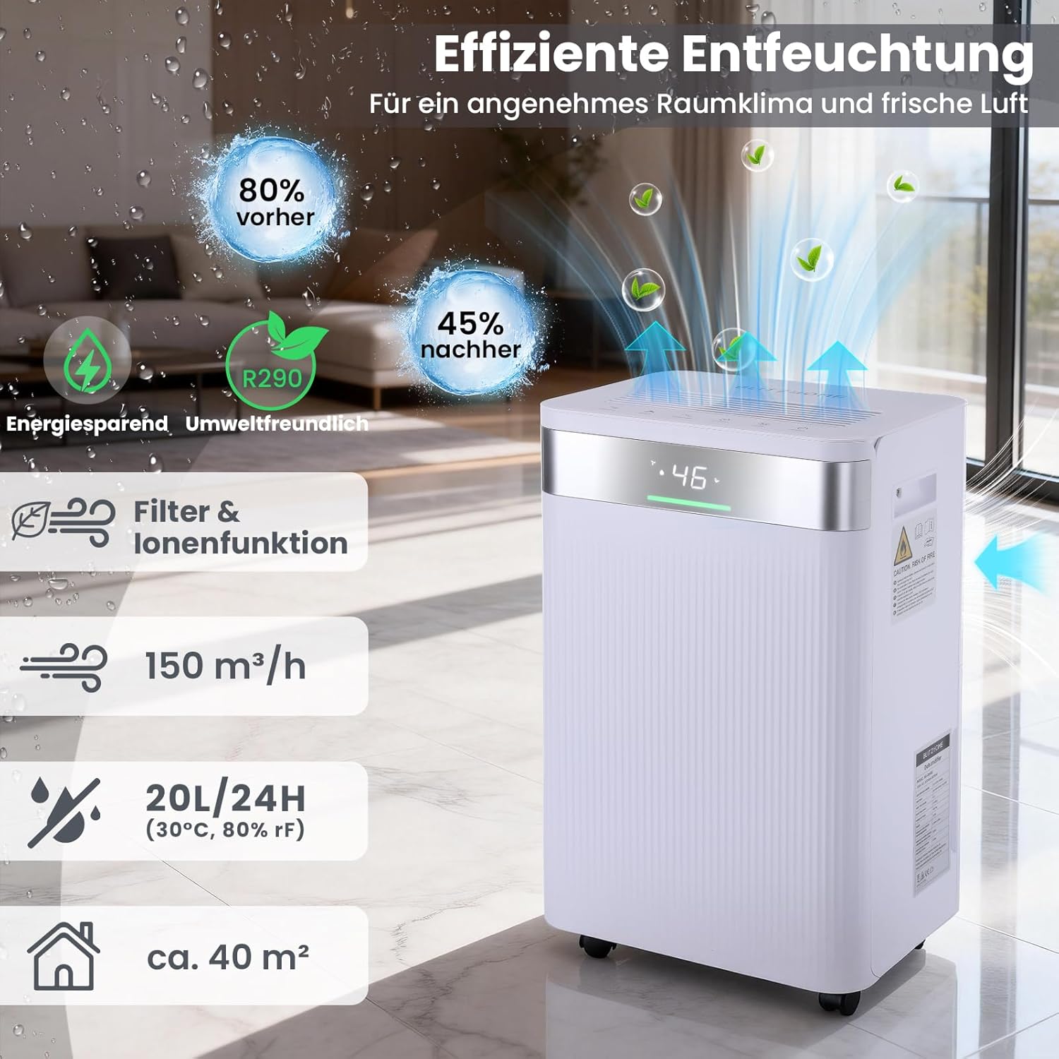 Luftentfeuchter, BLITZHOME 20L/24H Entfeuchter Elektrisch für ca.40m², WiFi App-Steuerung, 4,5L Tank, LED-Anzeige,Timer, Ionen, Schlafmodus, Kindersicherung, Raumentfeuchter für Home Keller Wohnung