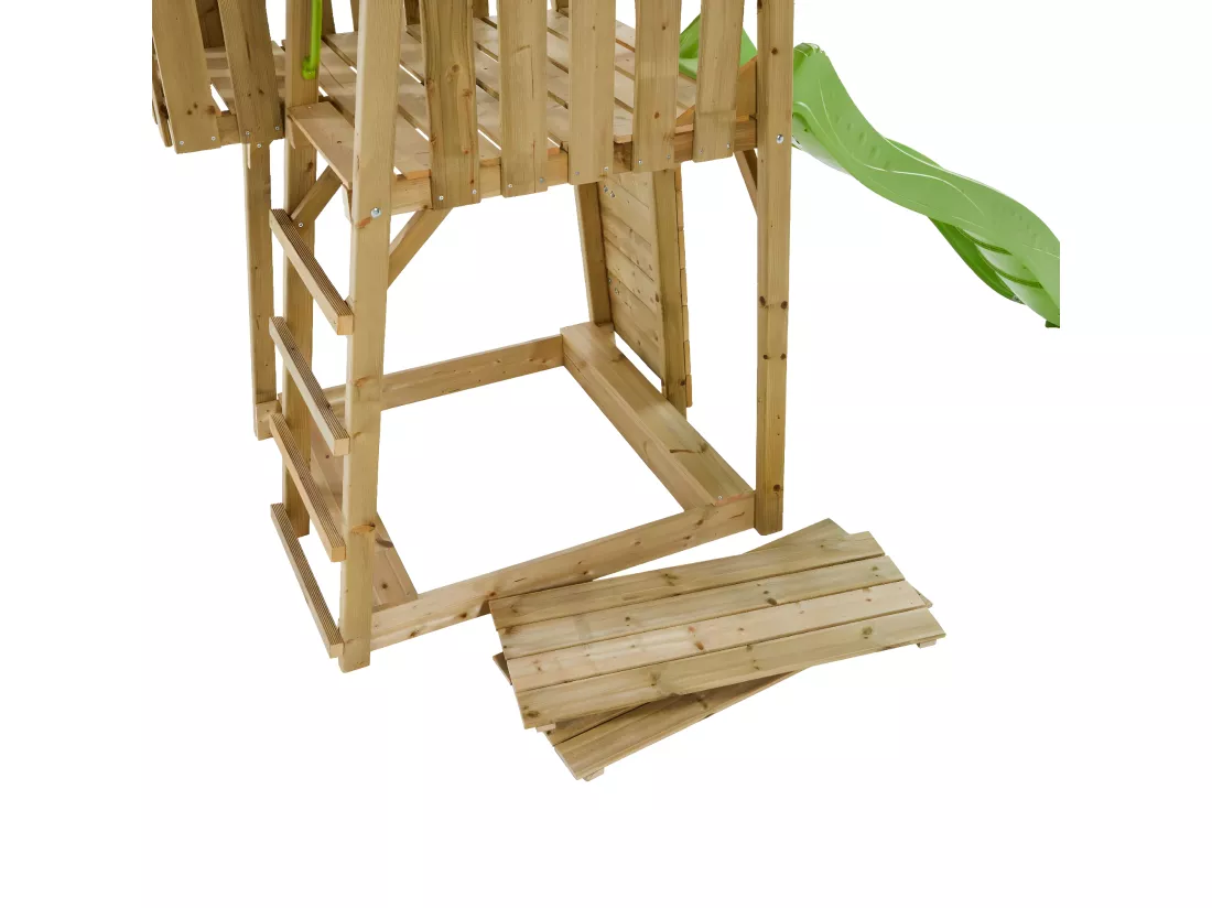 KANGUI Aire de jeux portique en bois WOODI - Double balançoire et nid Ø100cm, toboggan, mur d'escalade, bac a sable, cabane, échelle