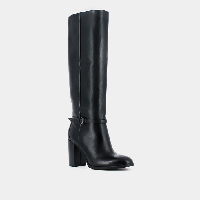 Bottes à talons et boucles argentées  en cuir noir