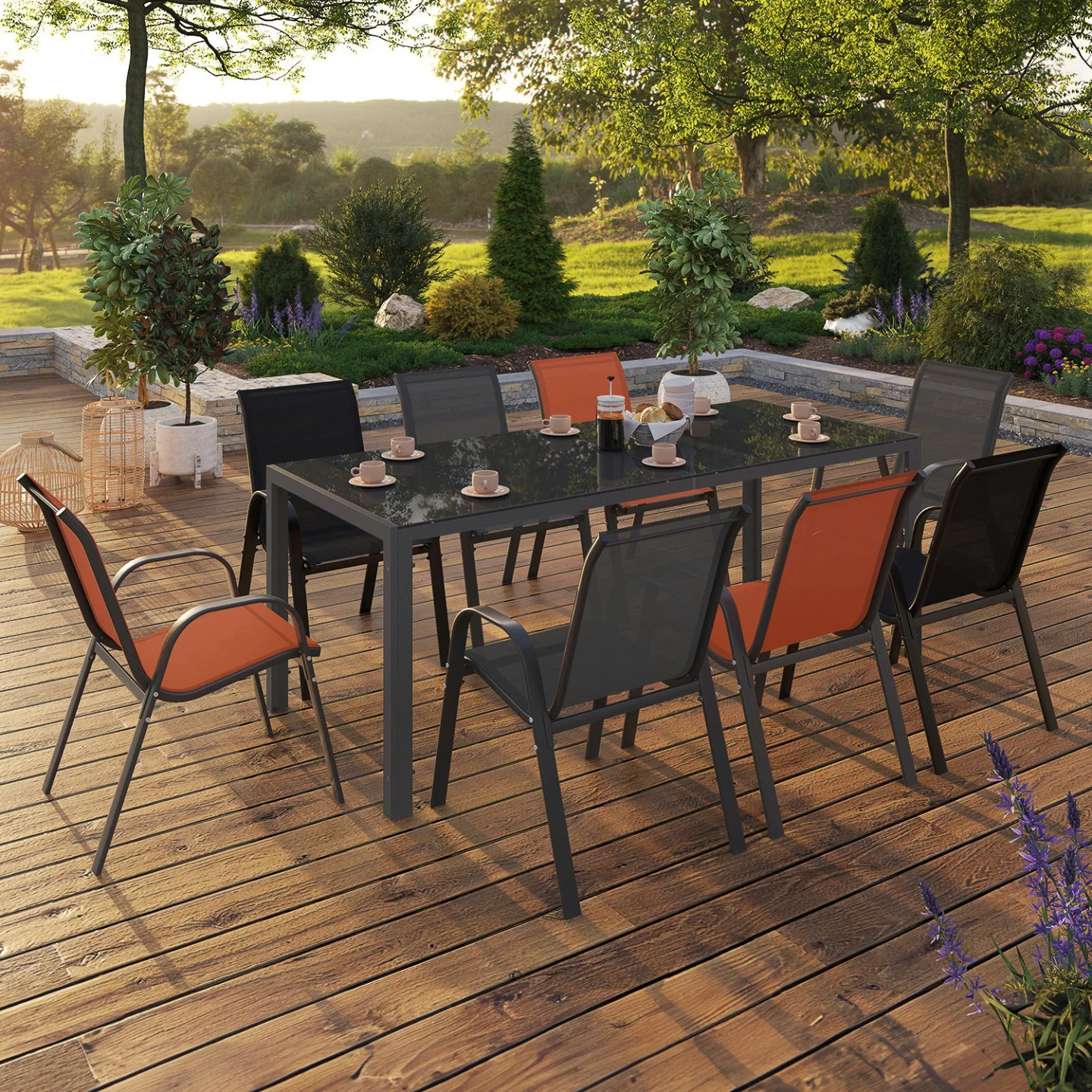 Salon de jardin MADRID table 190 cm et 8 chaises empilables mix color gris, noir et terracotta