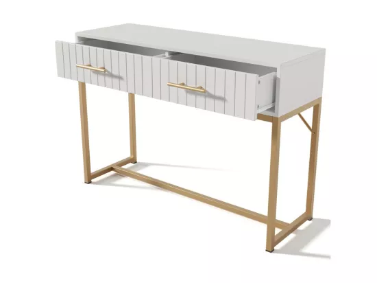 Coiffeuse décorée de rayures verticales - H 75 cm - avec 2 tiroirs et piètement en métal - Blanc