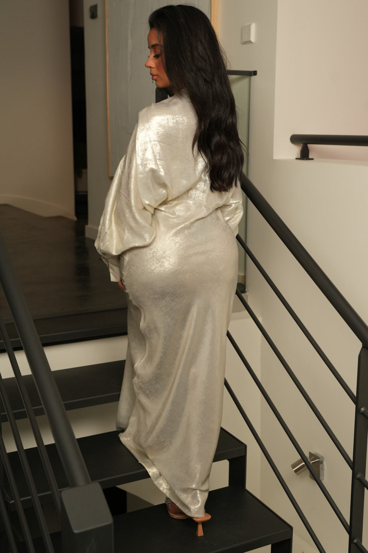 Robe de soirée longue blanc scintillante à décolleté