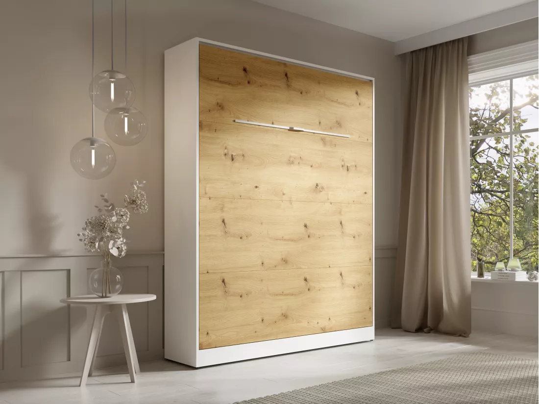 Lit escamotable 160 x 200 cm - Ouverture verticale manuelle - Avec LEDs - Blanc et naturel - RAPILI