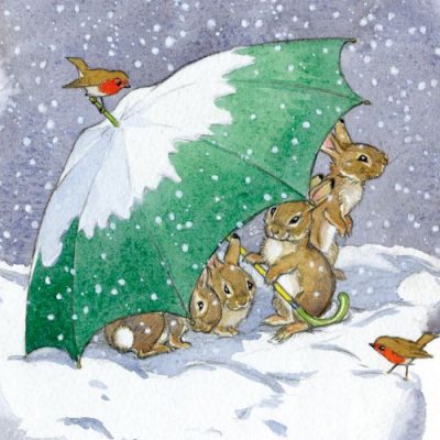 Rabbits Sheltering Under Umbrella