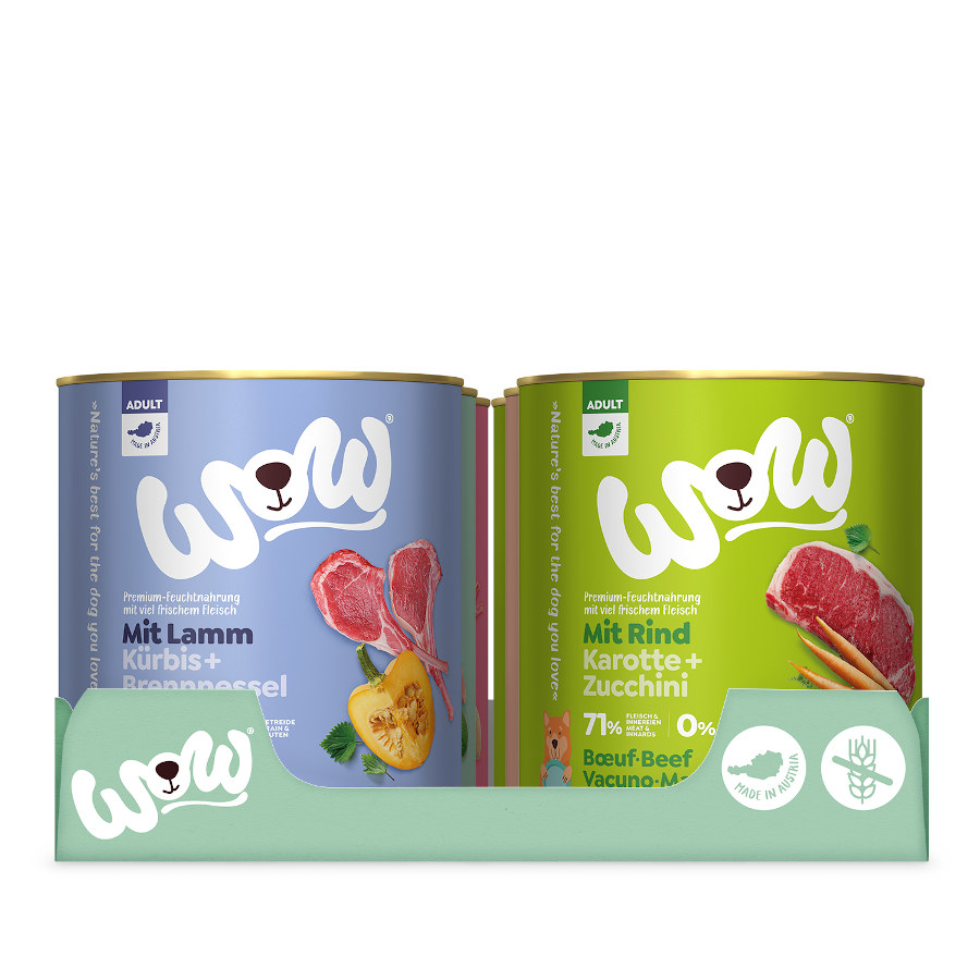 latas de 800g de ração úmida Wow Food Adult para cães