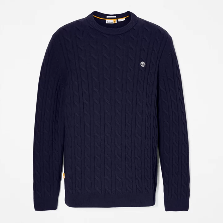 Suéter Phillips Brook de malha trançada para homens na cor azul marinho.