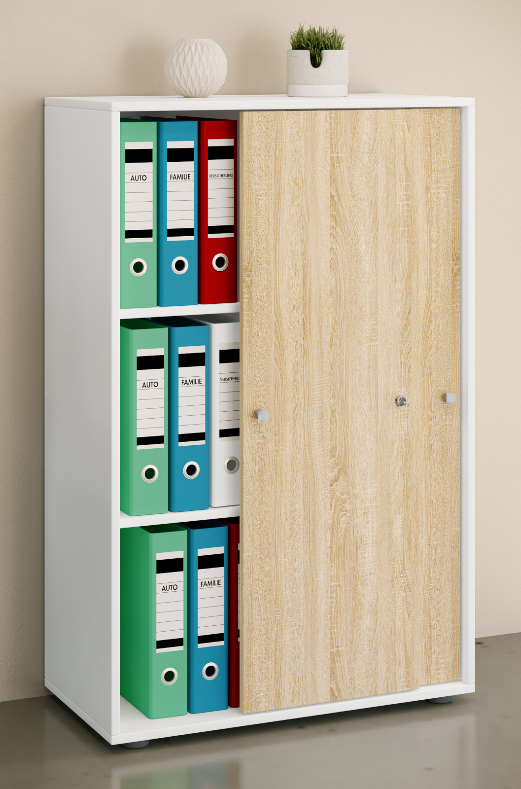 Büroschrank LONA XL - Sonoma Eiche - weiß - mit Schiebetüren - 110 cm hoch