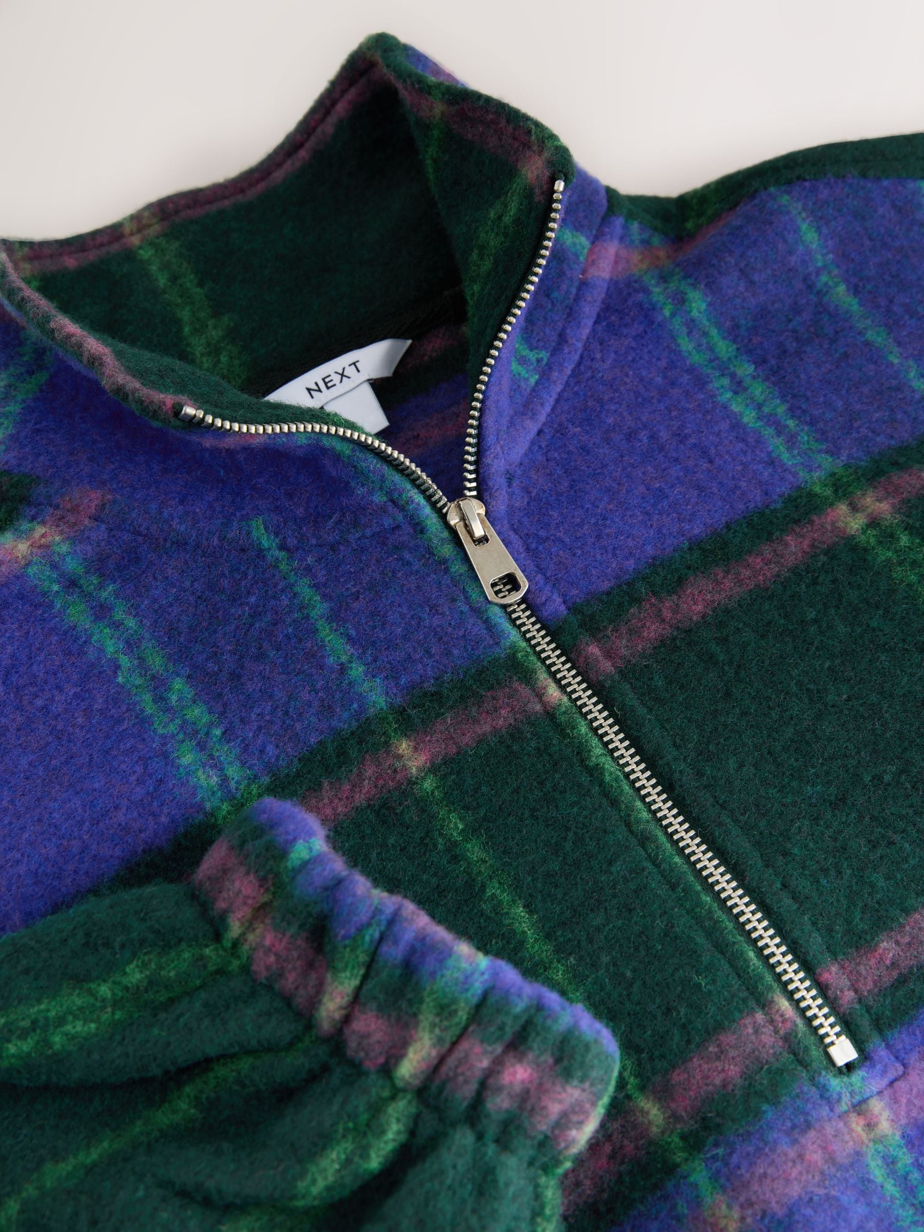 Kobaltblauw - Check Soft Brushed Zip Funnel Neck Teddy Fleece Jacket