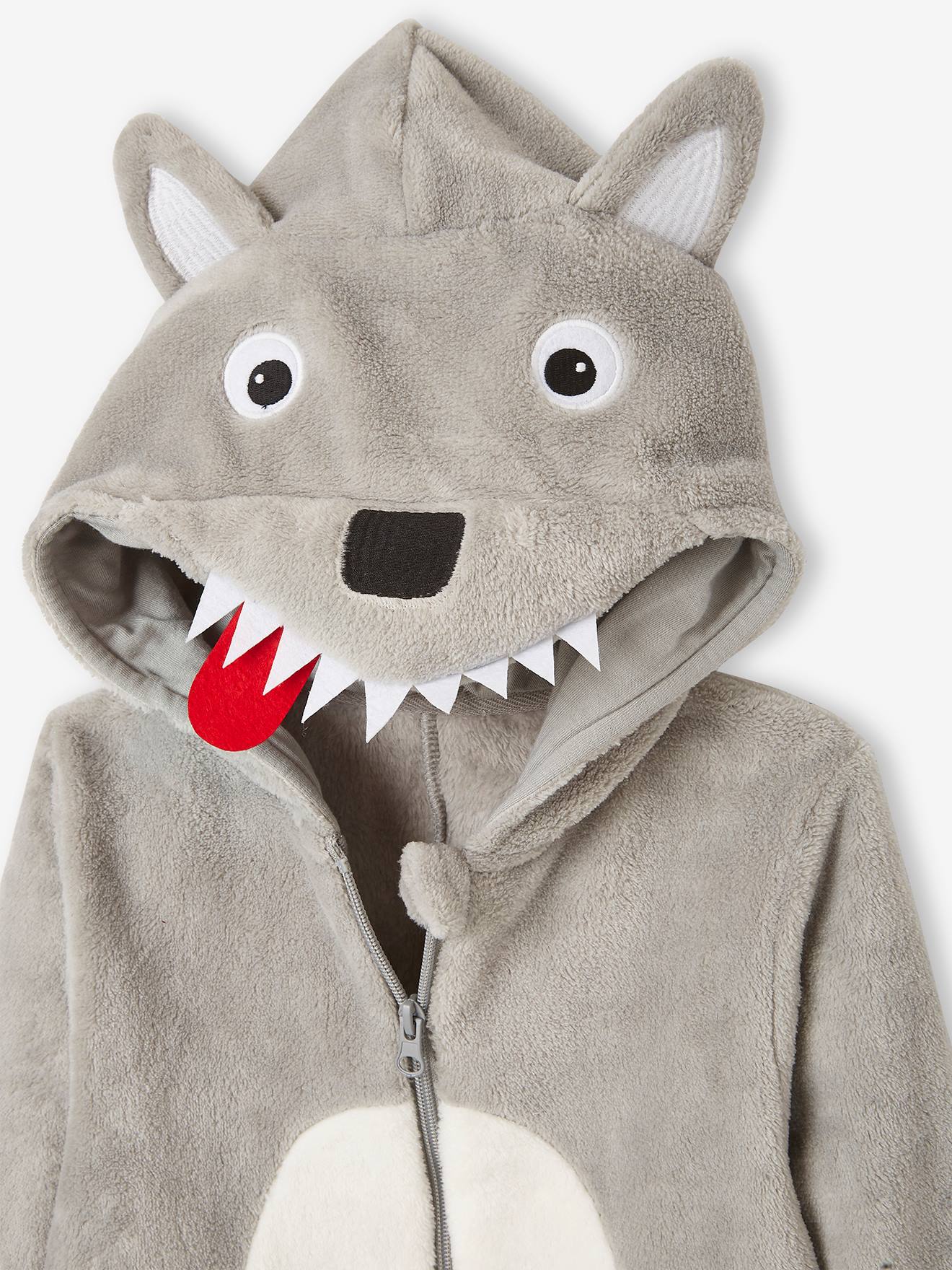 Pijama macacão de lobo para meninos, cinza claro liso com estampas.