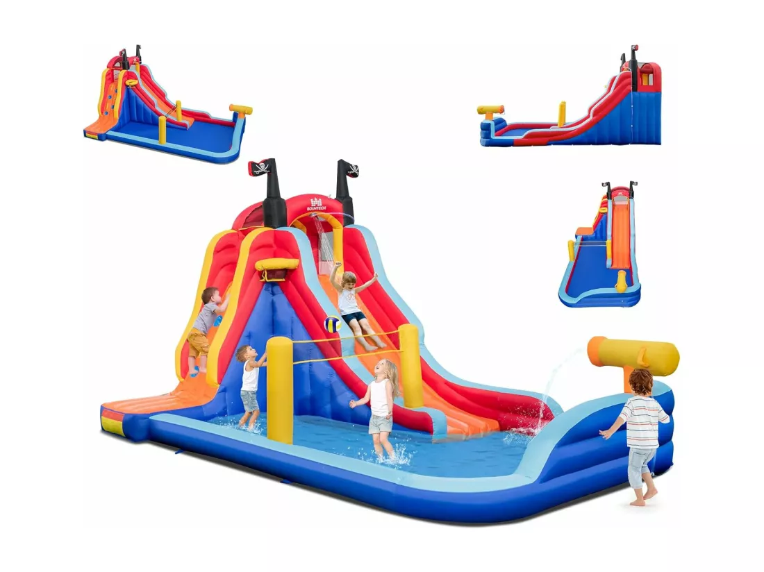 5 en 1 Château Gonflable sur Thème de Pirate avec Toboggan, Parc Aquatique avec Panier de Basket et Canon à Eau, Sac de Transport, Charge 90kg pour 2 Enfants de 3-10 Ans (sans souffleur)