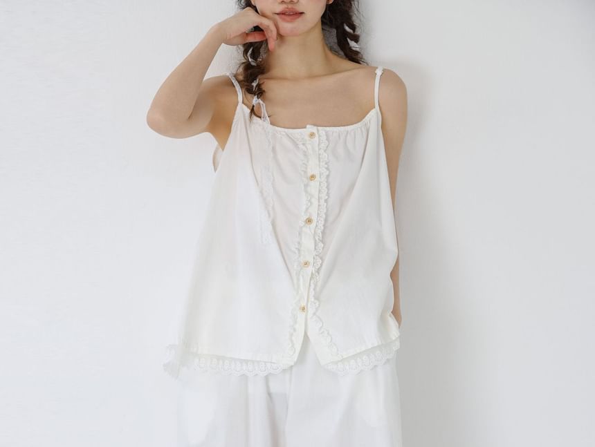 College Affair - Elastische taille, effen oogjes, kanten rand, geplooide cropped broek met wijde pijpen