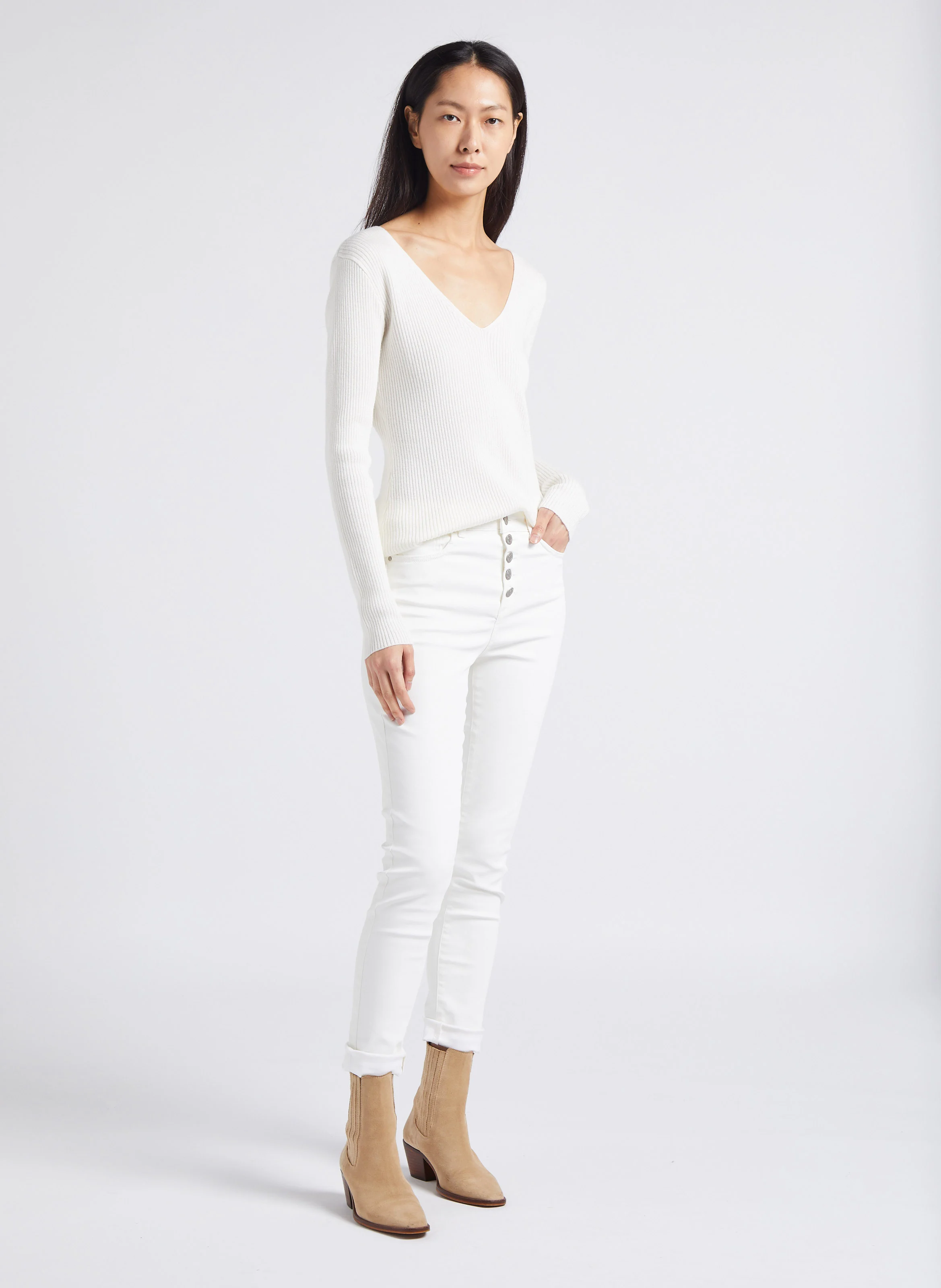 Jean enduit skinny taille haute en coton mélangé | Blanc