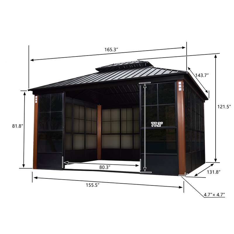 Gazebo de metal para pátio com dois níveis, 4,27 m de largura x 3,66 m de profundidade.