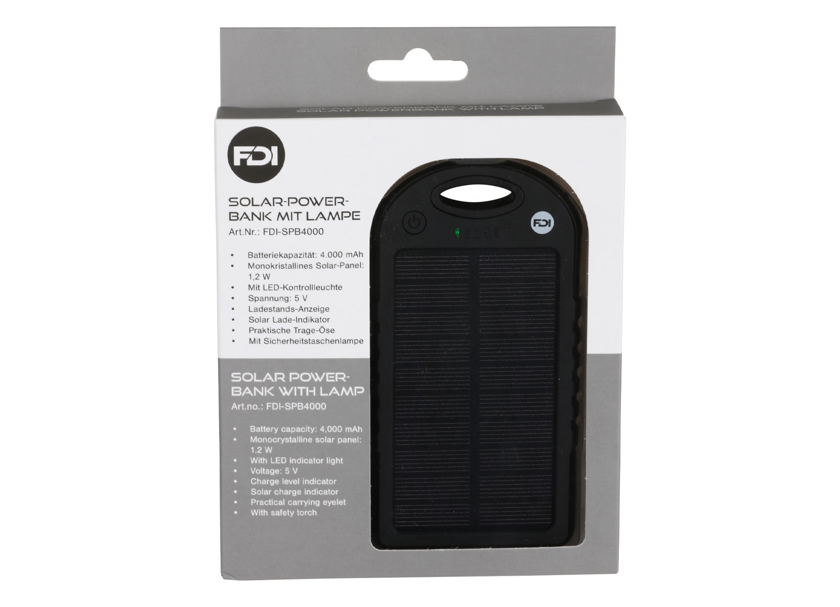 Solar-Powerbank mit Taschenlampe 4000mAh Schwarz