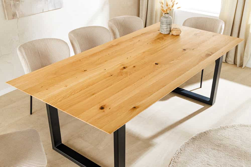 Massivholz Esstisch WILD OAK 200cm natur Wildeiche Schweizer Kante Metall U-Gestell