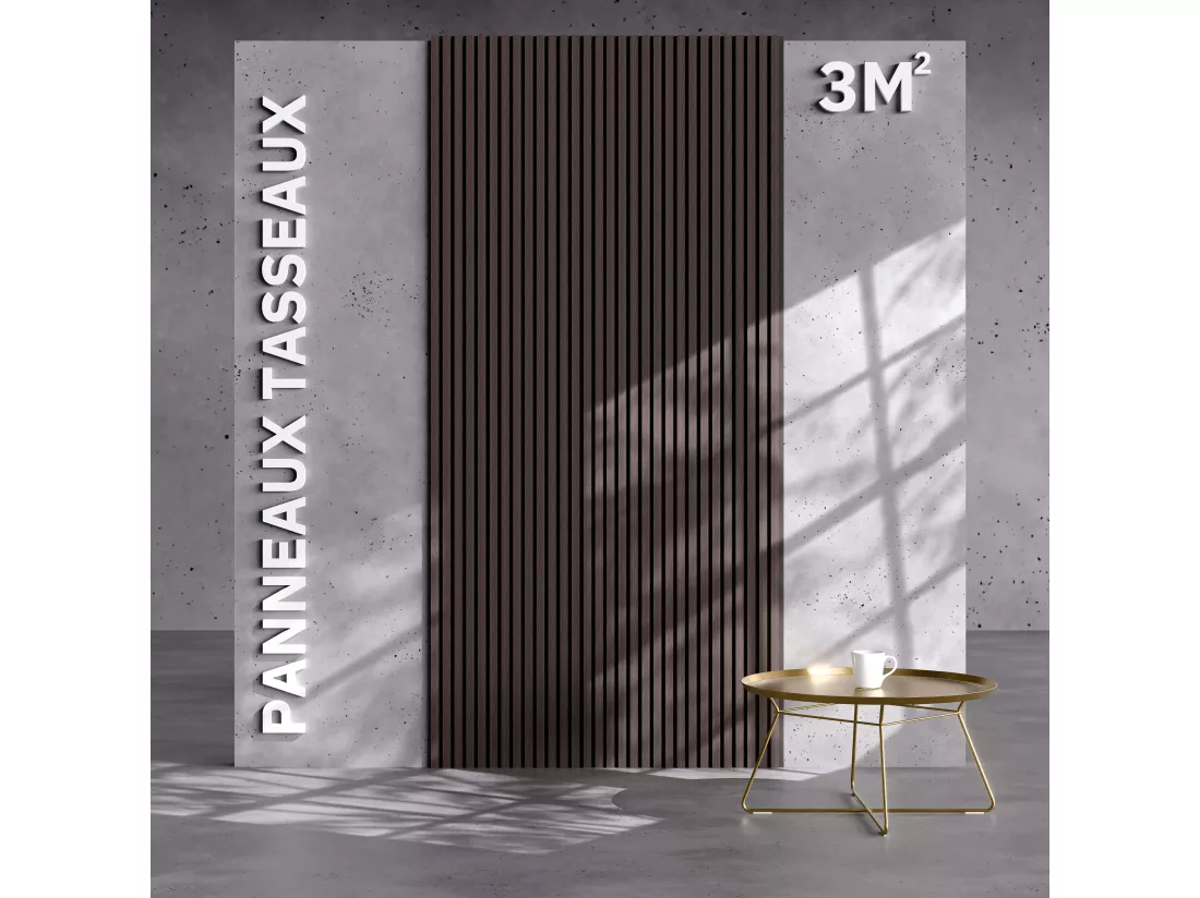 Lot de 2 Panneaux Tasseaux Bois - Noyer Feutre Noir - 3 m², 2500 x 600 mm, Mon Marché Déco