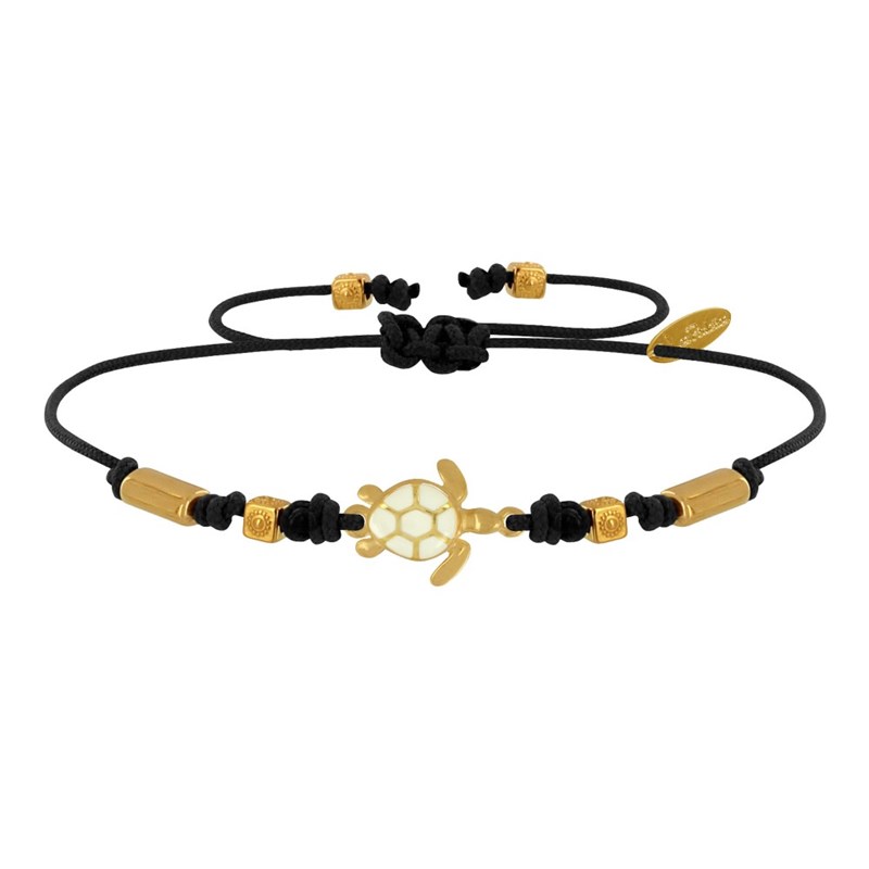 Bracelet Lien Laiton Doré Tortue Émaillé Blanche - Noir