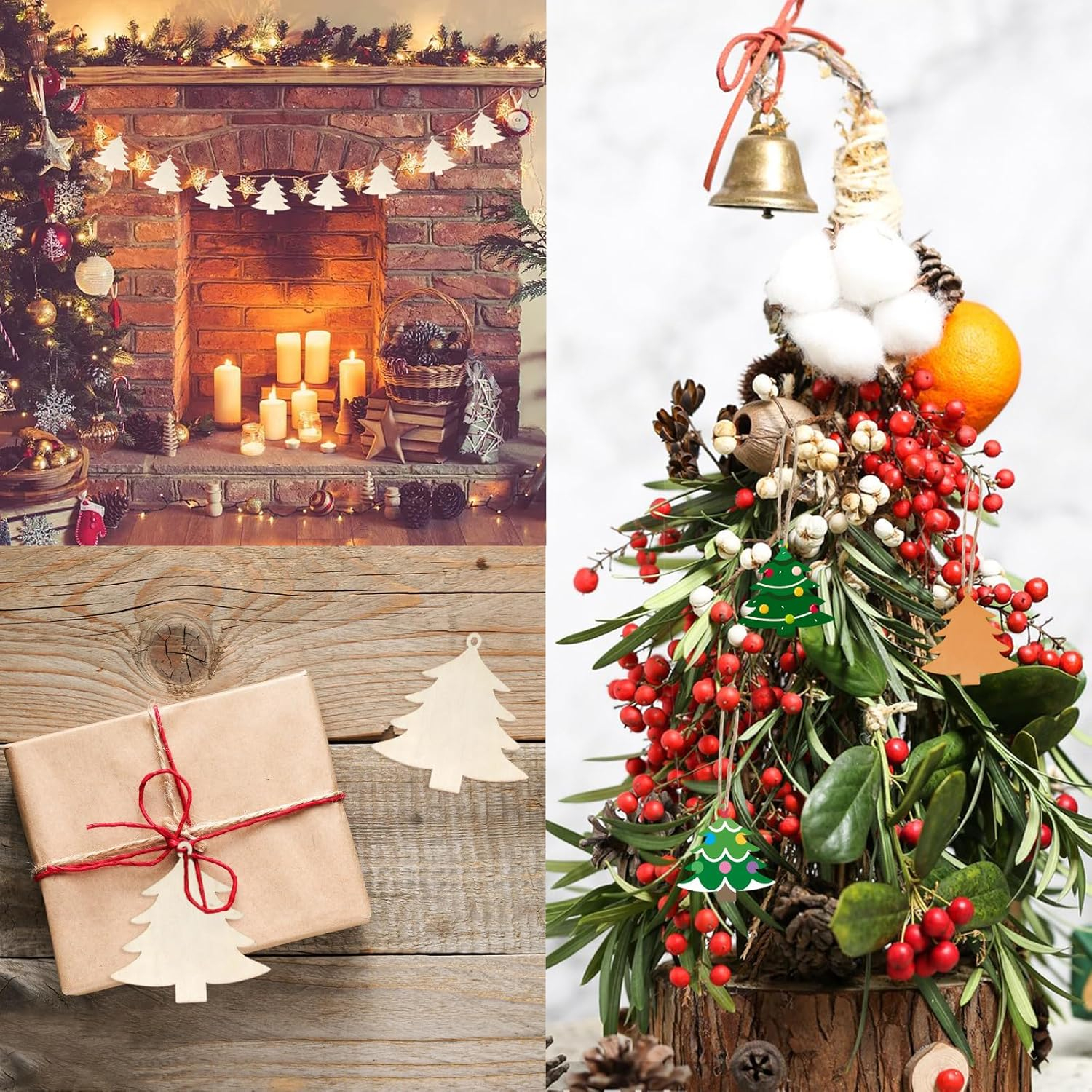 (10er Set) Christbaum Deko Holz Weihnachts DIY Bastel Zubehör Tannenbäume inkl. Seil - Braun