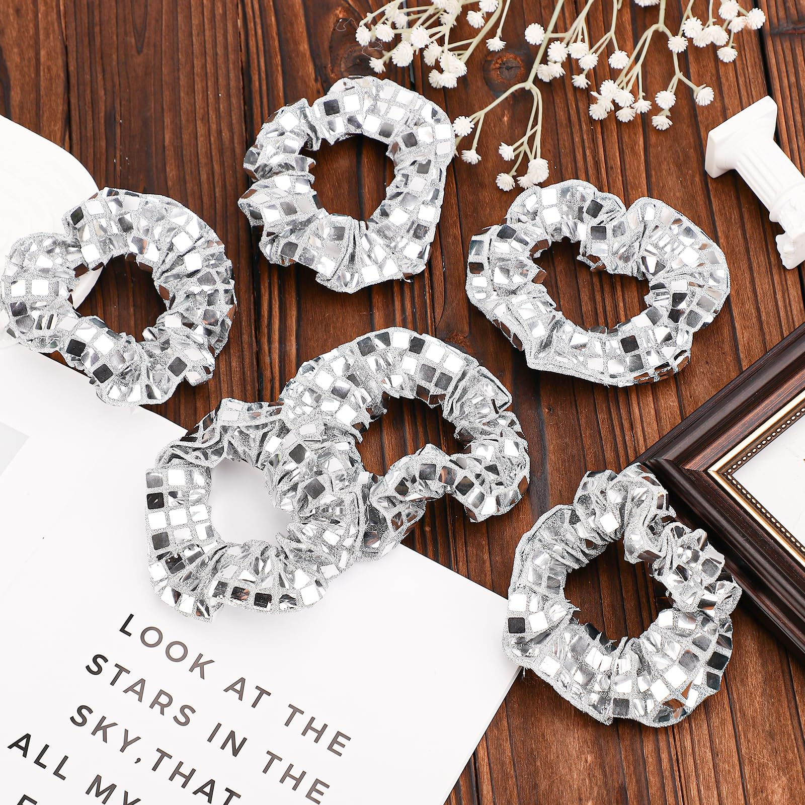 (6er Set) Discokugel Scrunchies Party Accessoire Haargummi Elastischer Haarschmuck - Silber