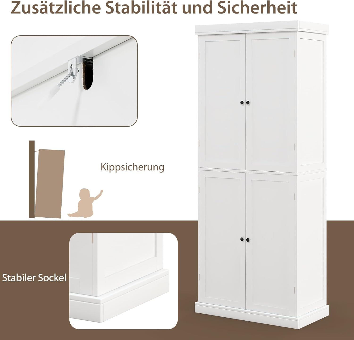 COSTWAY 6 stöckiger Küchenschrank, Hochschrank Küche mit 4 Türen & verstellbaren Regalen, Vorratsschrank freistehend, für Badezimmer, Wohnzimmer, Esszimmer, Büro, 76 x 40 x 184,5 cm, Weiß
