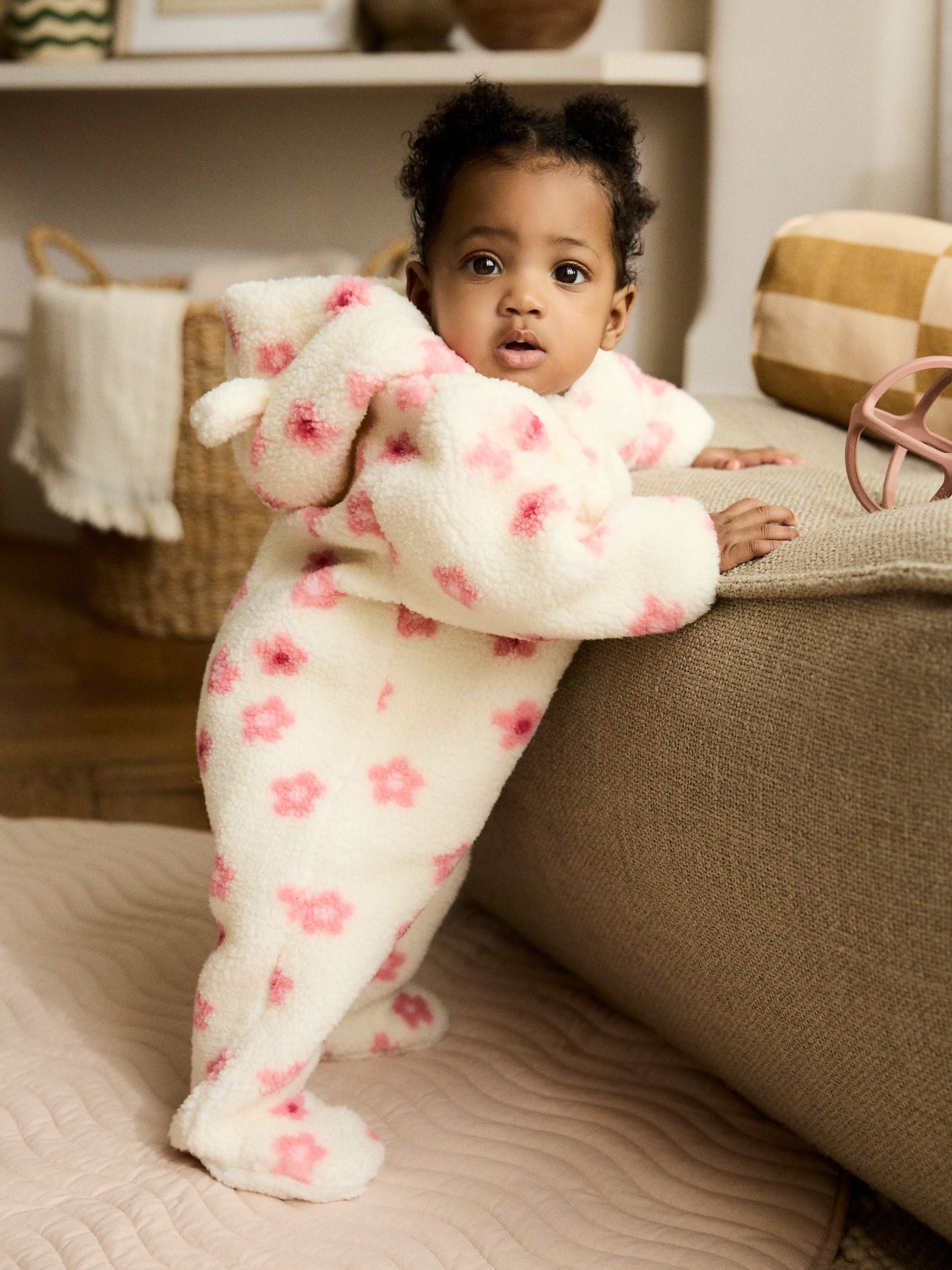 Ecru en roze bloemenprint - Baby borg kinderwagenpak met capuchon (0mnd -2jr)
