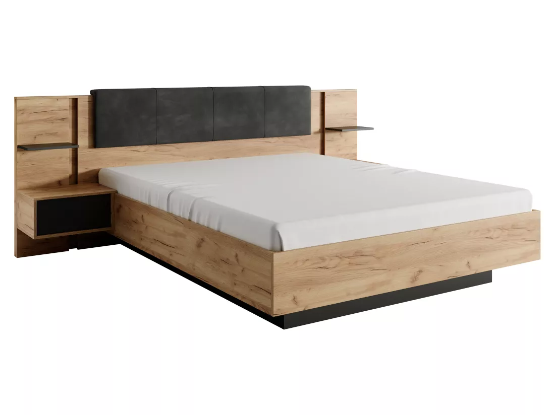 Lit avec chevets 160 x 200 cm - Avec LEDs - Coloris : Naturel et anthracite + Sommier - ELYNIA