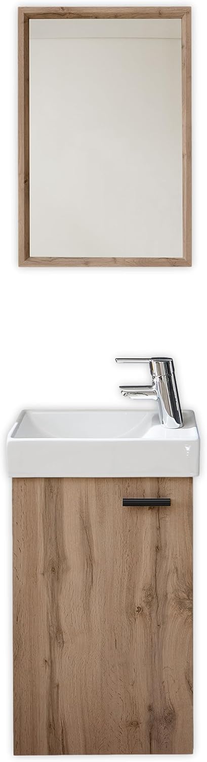 AMY Waschbecken mit Unterschrank und Spiegel in Wildeiche Optik - Kompakter Waschtisch ideal für Gäste WC - 41 x 165 x 23 cm (B/H/T)