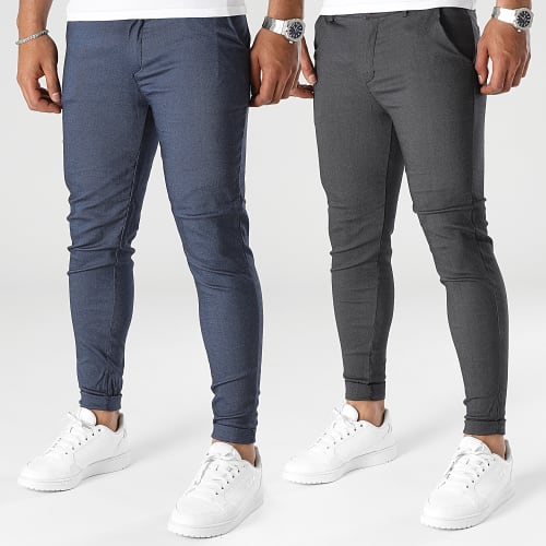 Lot De 2 Pantalons Chino Bleu Denim Gris Anthracite