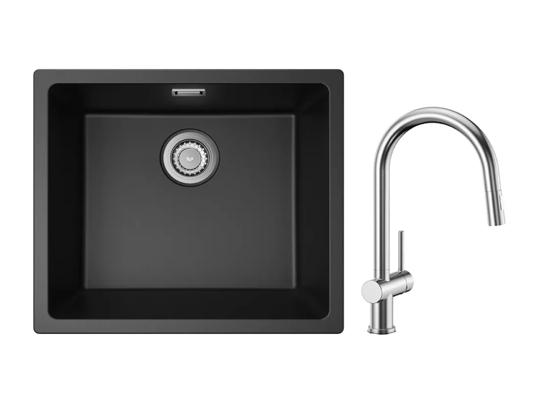 CECIPA MAX Evier 1 Bac en Quartz et Résine Noir Gris 50*44*20cm + Mitigeur de Cuisine avec Douchette Extractible Brossé